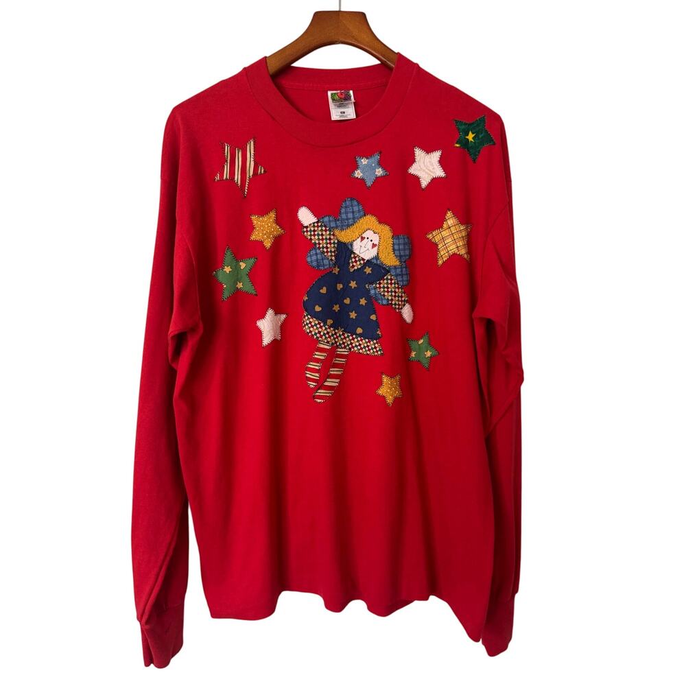Vintage Fruit of the Loom Made in USA Christmas Angel Long Sleeve Shirt Size XL